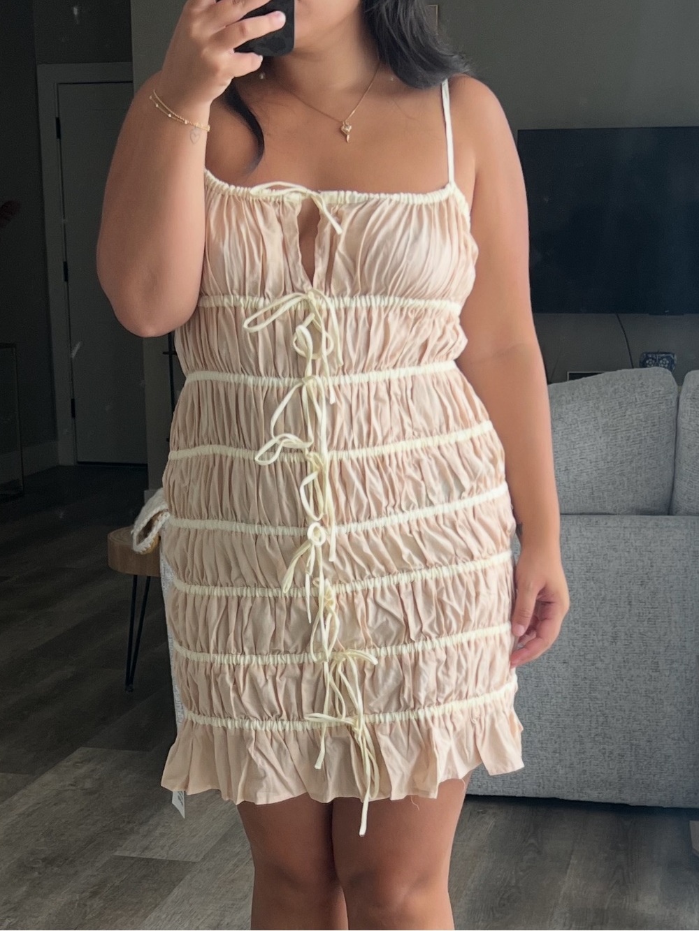 Ruched Tie-Front Spaghetti Strap Dress in Light Beige